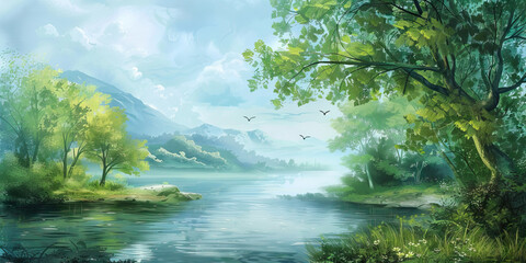 A hand-painted mural depicting a serene nature scene, bringing a sense of calm and tranquility to any interior setting.