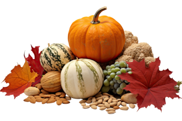 Fall pumpkins with leaves and nuts. Still life with fall fruits for Thanksgiving Day
