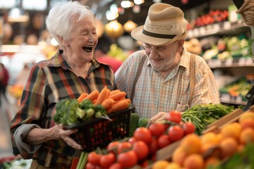 Happy senior couple shopping for vegetables, laughing and smiling, grocery store, real photo, 8k quality.