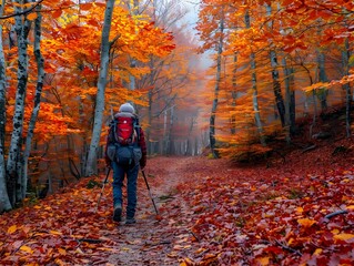 Fototapeta premium Hiker Exploring Vibrant Autumn Forest with Colorful Leaves during Hiking Adventure