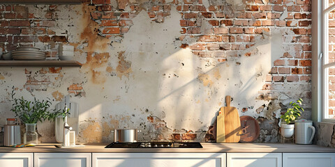 A distressed brick wall with layers of paint peeling off, adding character and age to an industrial-chic kitchen.