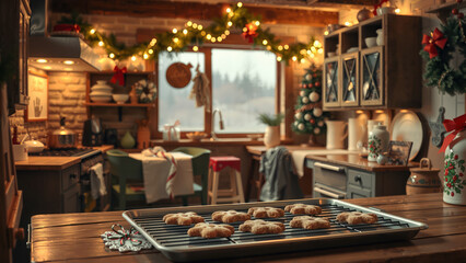 Cozy kitchen decorated for Christmas with cookies on tray