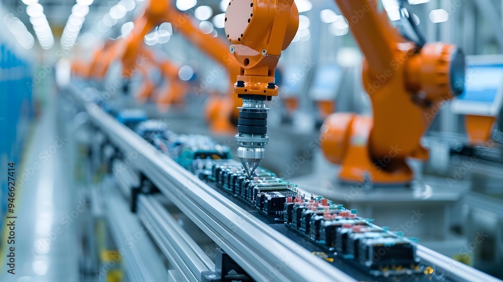 Poster robotic arms assembling electronic components in high tech factory floor