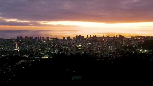 Beautiful view of Honolulu at twilight seen from Tantalus Lookout. Aerial