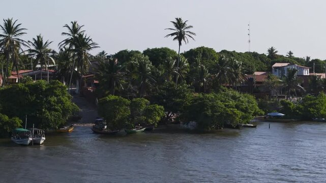 Aerial pan right view of the coast of the Preguicas River with palm trees, port of mandacaru in Maranhao, Brazil. Nature, boats, sailing, calm, water, slow, jungle, travel, vacation.