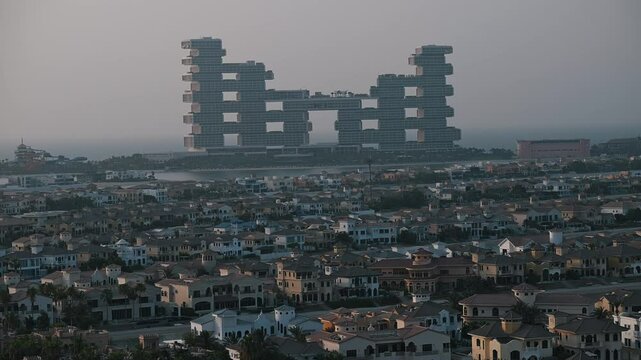 Palm Jumeirah island in Dubai, with the iconic Atlantis The Royal hotels gracing the background