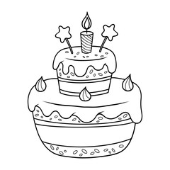 Birthday cake. Outline festive creamy bakery with drops dripping glaze, stars and holiday candle. Line drawing, coloring book. Vector illustration. Kids collection 