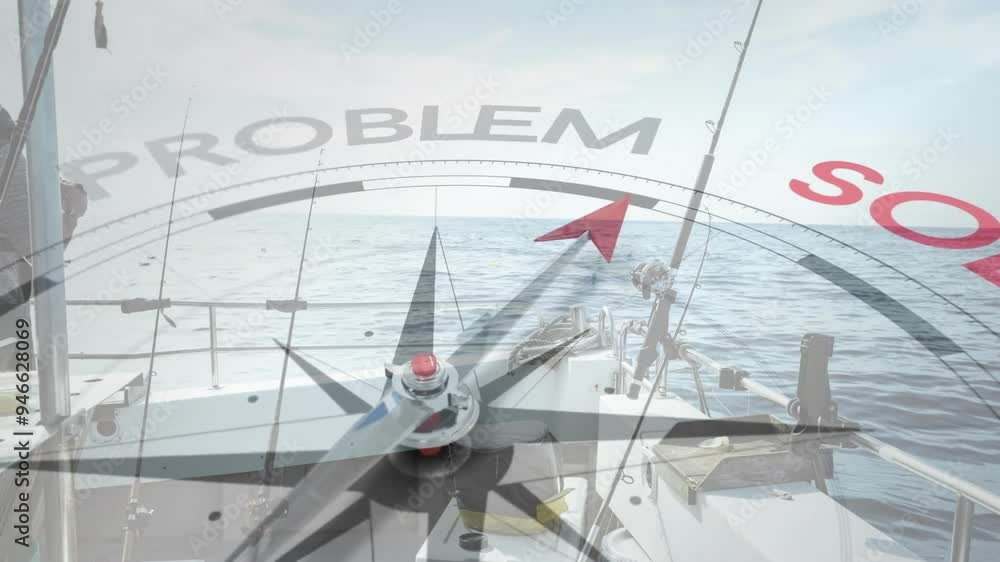 Poster compass pointing from problem to solution animation over fishing boat on ocean