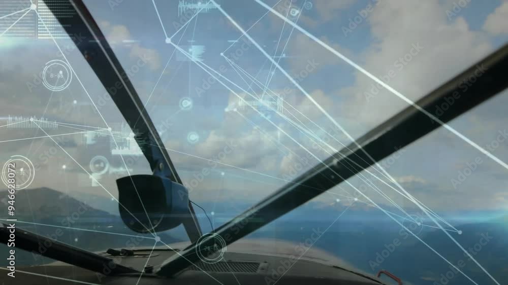 Poster Airplane cockpit with navigation data processing animation over landscape