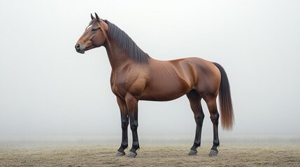 Obraz premium Elegant Brown Horse in Foggy Field Generative AI