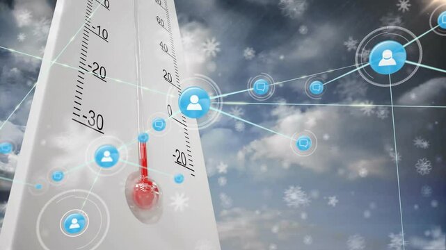 Thermometer showing cold temperature with network connections and data processing animation