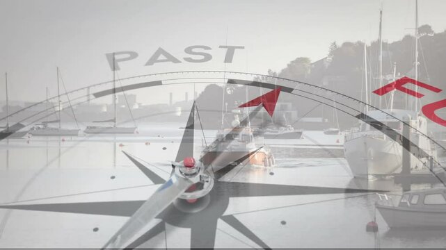 Compass pointing to future animation over boats docked in calm harbor
