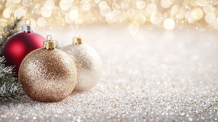   Two Christmas ornaments sit adjacent on snow-covered ground, surrounded by a bouquet of lights in the backdrop