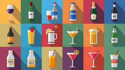 Beverages, cocktails and drinks flat icons of wine and beer, vodka and water, soda and juice, milk and champagne bottles, beer tankards