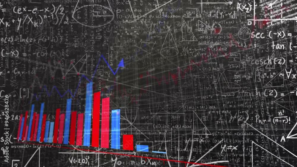 Poster animating bar graph and equations over blackboard background for school presentation