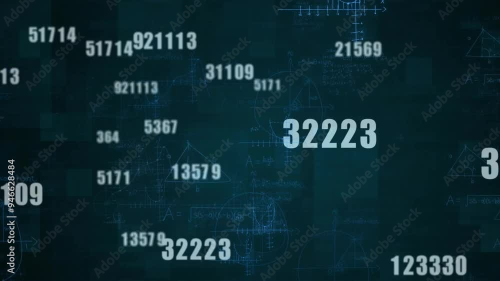 Poster animating mathematical formulas and numbers over dark blue background