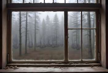 Concept photo of a close-up wooden window and a rainy, depressing nature landscape