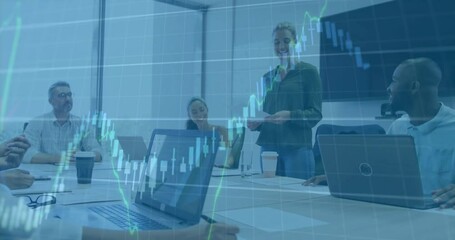 Financial data charts animation over business meeting in modern office