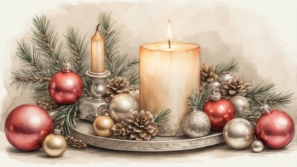 Traditional Horizontal Christmas Illustration: Watercolor Candle with Festive Decorations on Vintage Paper-Style Background in Seppia Tones