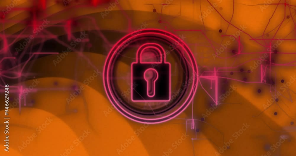 Poster lock icon with neon outline over abstract digital security animation