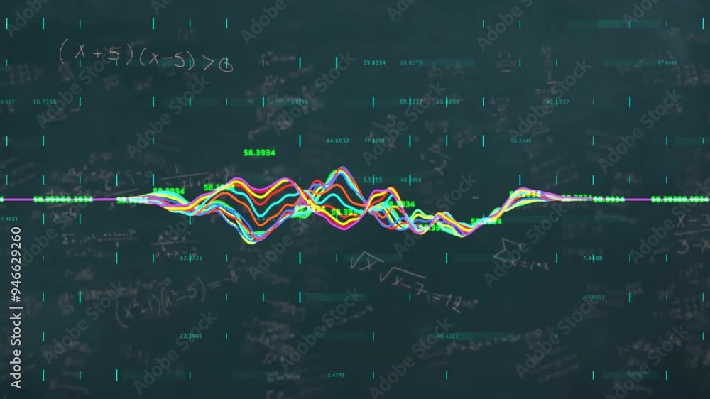 Poster mathematical equations and data analysis animation over fluctuating graph lines