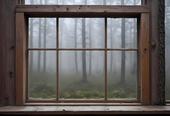 Concept photo of a close-up wooden window and a rainy, depressing nature landscape