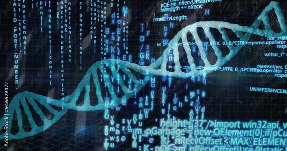 Poster DNA strand and binary coding, scientific data processing animation