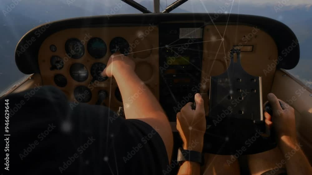 Poster pilots operating aircraft controls with network connections animation over cockpit instruments