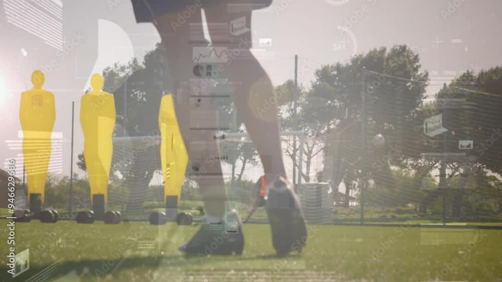 Poster soccer training equipment and player on field with data processing animation