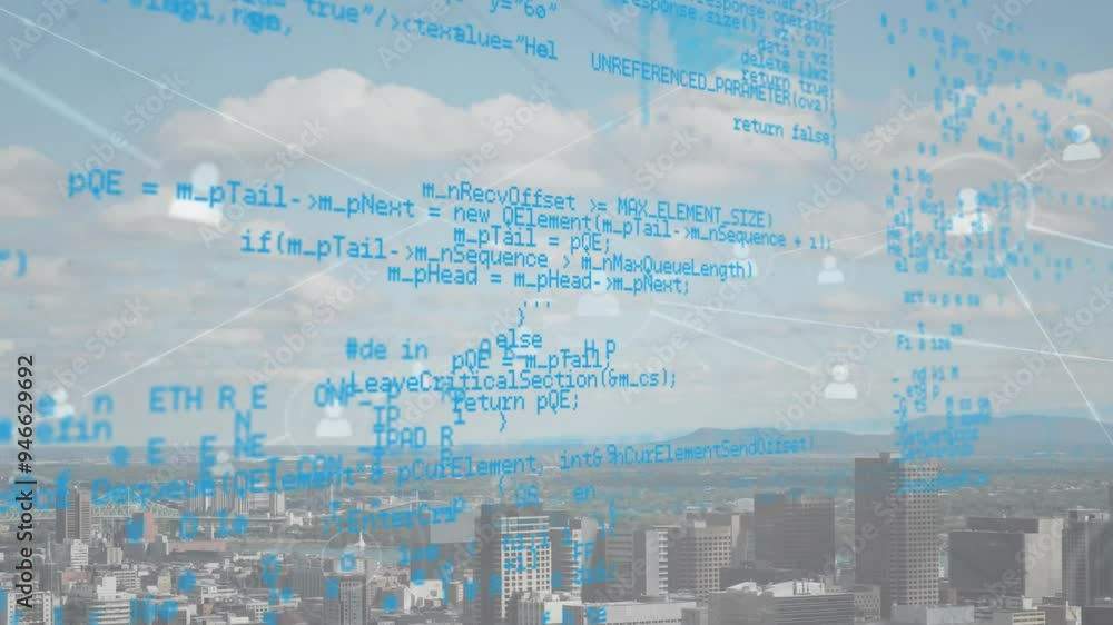 Poster computer code and network connections animation over cityscape