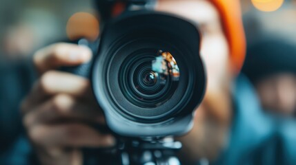 A close-up of a photographer's hand gripping a camera with the lens focused at the viewer, capturing the essence of photography and detail-oriented work.