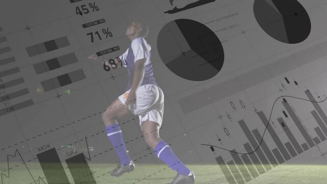 Soccer player jumping for ball with financial data processing animation over scene - Powered by Adobe