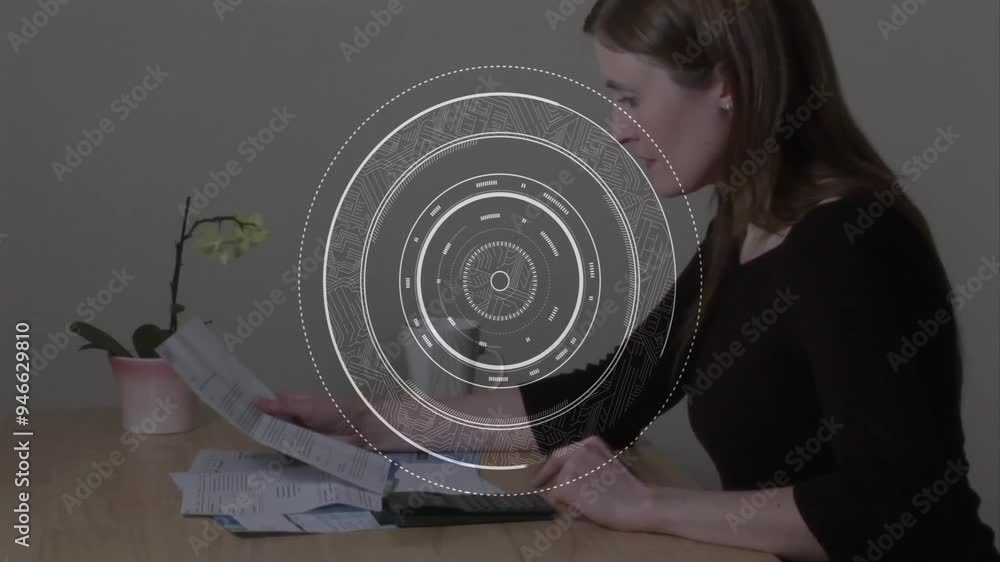 Poster reading documents at desk, woman with circular data processing animation over