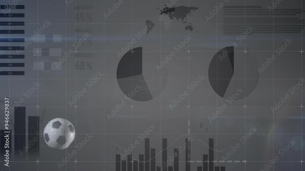 Aufkleber soccer player kicking ball with data visualization animation over world map