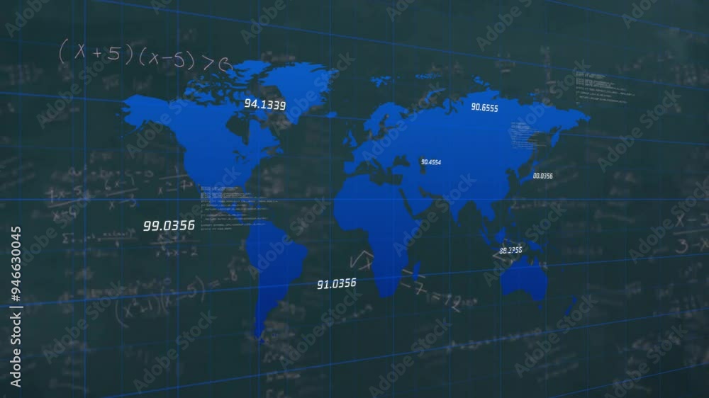 Poster animated world map with numerical data and mathematical equations