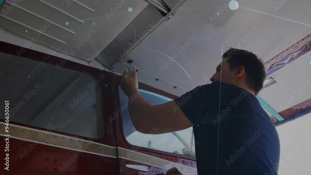 Poster man working on airplane with digital network connections animation