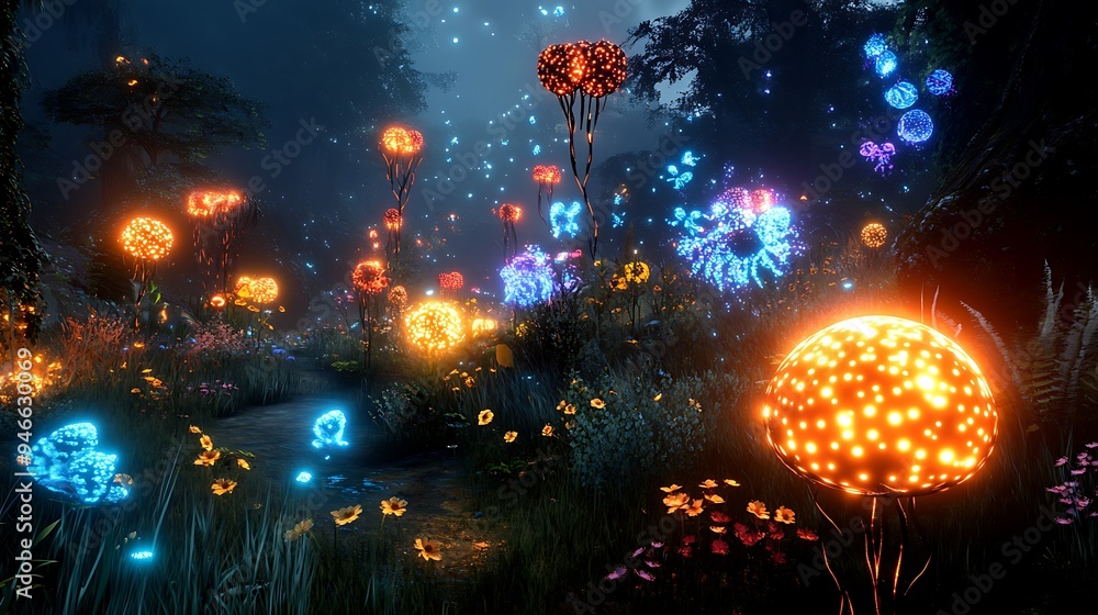 Poster digital forest illuminated with glowing plants and interactive elements