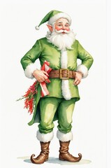 Festive Green Christmas Elf Holding Gift and Holly in a Vintage Watercolor Holiday Illustration on a White Background
