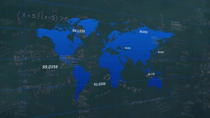 Animated world map with numerical data and mathematical equations - Powered by Adobe