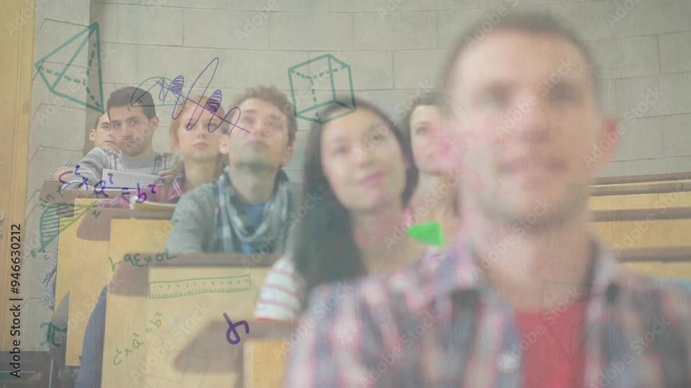 Poster geometric shapes and mathematical formulas animation over students in lecture hall