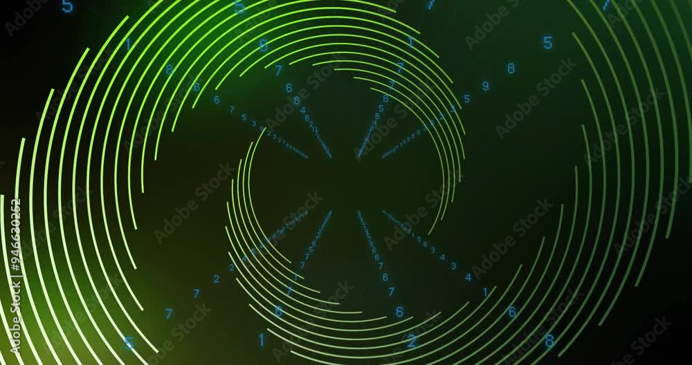 Poster Spiraling green lines and numbers forming circular patterns, processing data animation