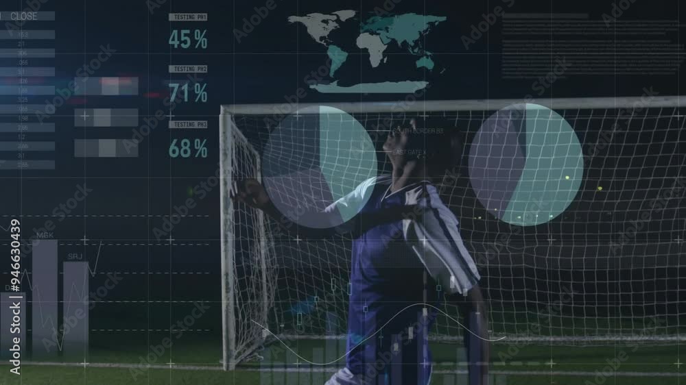 Poster soccer player in action with data analytics animation over world map and charts