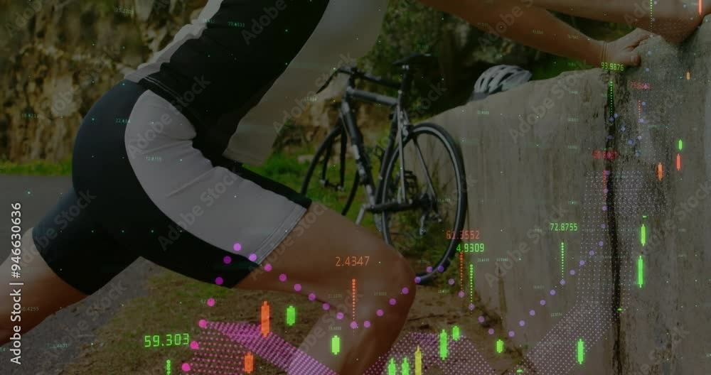Poster cyclist resting with financial data processing animation over scene