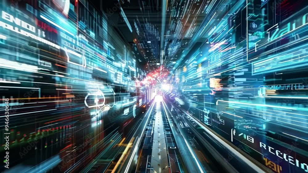 Poster manufacturing process accelerated by automated technology, represented by futuristic lights and code