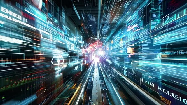 Manufacturing process accelerated by automated technology, represented by futuristic lights and code moving fast inside a production line