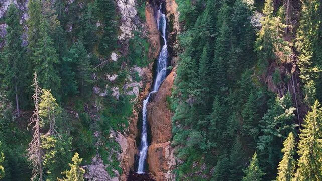 Close-up aerial view of Cascada Cailor in the Rodnei Mountains, Bucovina region, Romania
