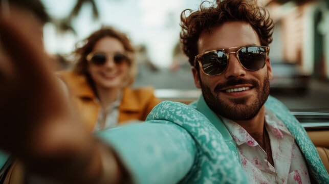 A happy couple enjoys a leisurely drive in their convertible, both wearing sunglasses and smiling, capturing the essence of a carefree, sunny day with good company.