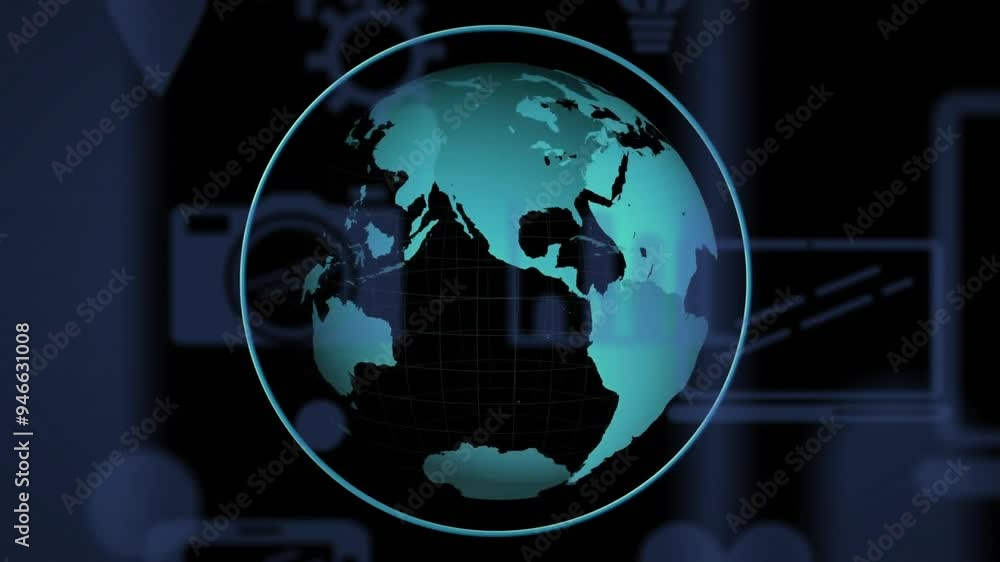 Poster Rotating globe animation over technology icons and symbols background