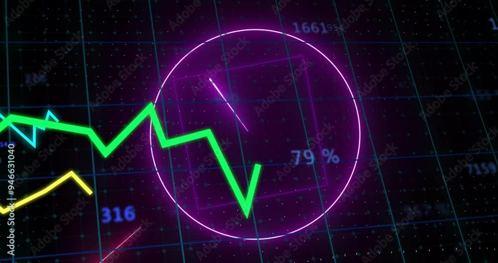 Poster green line graph and percentage data over circular grid animation