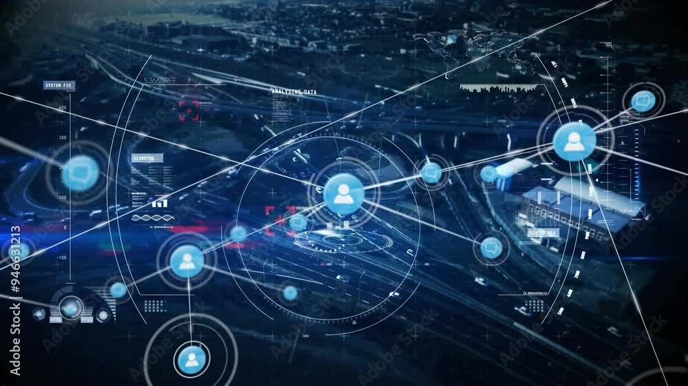 Poster network of connections and data processing animation over aerial cityscape